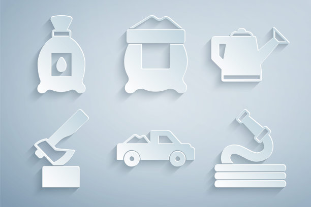 设置皮卡，浇水罐，木斧，花园软管，面粉袋和包装满种子植物图标。向量图片下载