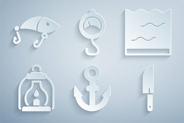 设置锚，水族馆，野营灯，刀，弹簧秤和鱼饵图标。向量图片下载