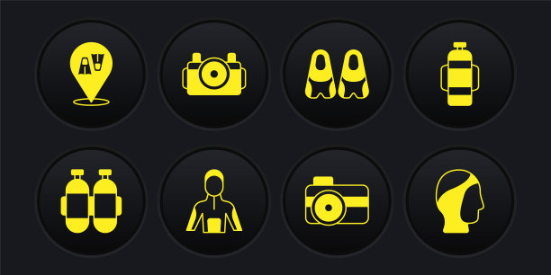 集水肺潜水，潜水服，照片相机潜水员，鳍状肢游泳，潜水帽和图标。向量图片下载