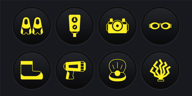 设置靴子，游泳眼镜，手电筒潜水员，珍珠，照片相机，标尺，珊瑚和鳍状肢图标。向量图片下载