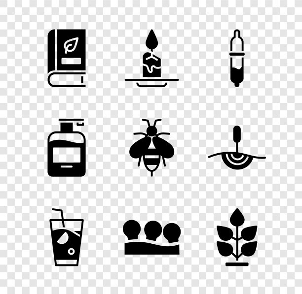 集医疗书籍，香薰蜡烛，移液器，新鲜的冰沙，真空罐，植物，液体肥皂和蜜蜂图标。向量图片下载