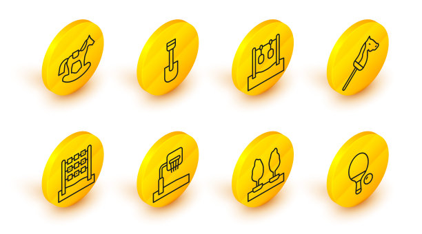 设置线球拍和球，森林，篮球篮板，Tic tac toe游戏，玩具马，体操环，铲玩具和马马鞍摇摆图标。向量图片下载