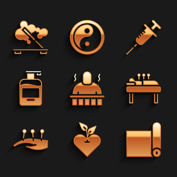 设置桑拿和水疗程序，心脏，健身垫卷，针灸疗法，液体肥皂，注射器和香味棒图标。向量图片下载