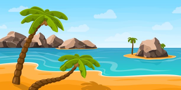 海滩棕榈树景观。夏天蔚蓝的大海，海边有棕榈树和石头。家庭季节度假区、海岛卡通近期矢量全景图图片下载