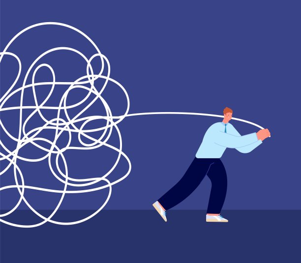 纠结的绳子的概念。业务问题的比喻。商人解开混乱。精神障碍，男人拉着过去的生活，矢量概念图片下载