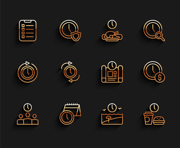 设置线时间管理，日历和时钟，要做的清单或计划，假期时间，快餐，时钟与箭头，金钱和项目图标。向量图片下载