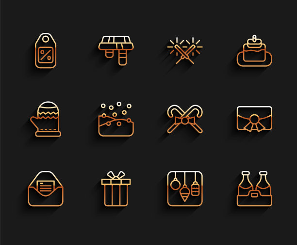设置线圣诞派对邀请卡，礼品盒，价格标签与销售，灯，香槟瓶，降雪，明信片和糖果拐杖图标。向量图片下载