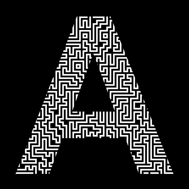 白色字母A组成的迷宫图案，孤立在黑色背景上。拉丁(英语)字母表中的字母。图片下载