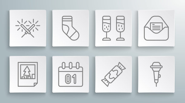 设置行圣诞明信片，袜子，日历，糖果，麦克风，香槟，派对邀请和焰火图标。向量图片下载