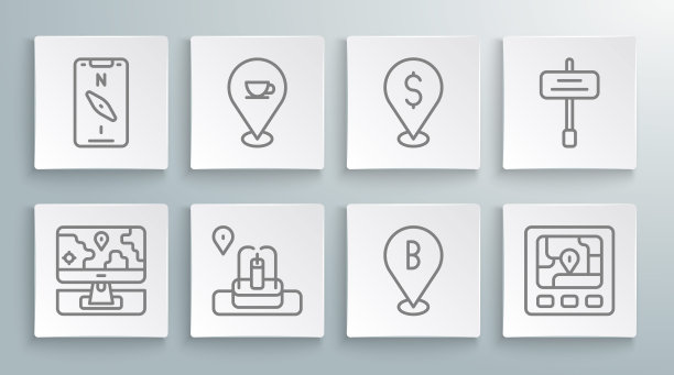 设置线监视器与定位标记，定位咖啡杯，喷泉，Gps设备地图，现金，道路交通标志和指南针移动图标。向量图片下载