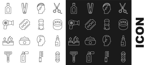 设置线经典理发店杆，油瓶，发胶或发蜡造型，发型男子，刀片剃须刀，干衣机，洗发水和剃须刷图标。向量图片下载