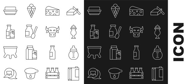 设置线纸包装的克菲尔，婴儿奶瓶，奶昔，奶酪，饮用酸奶，瓶子和玻璃，黄油黄油盘和牛头图标。向量图片下载