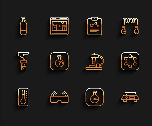 设置线医疗温度计，安全护目镜，丙烷气罐，试管和烧瓶，电子秤，破裂，配方苯环和显微镜图标。向量图片下载