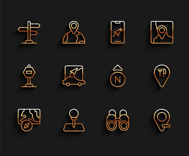 设置线路城市地图导航，推针，道路交通标志，望远镜，位置，咖啡馆和餐厅的位置和指南针图标。向量图片下载