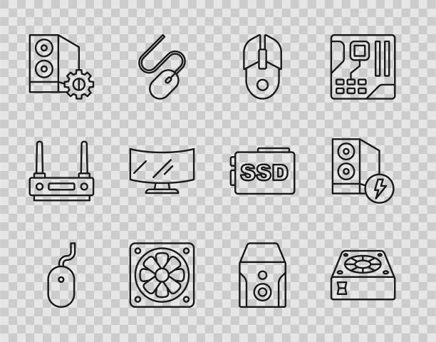 设置线路电脑鼠标，冷却器，电脑外壳，显示器屏幕，不间断电源和图标。向量图片下载