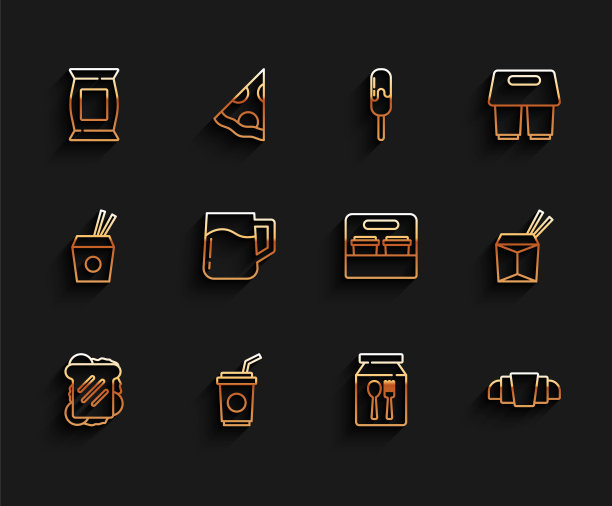 三明治，带吸管的纸杯，袋装或袋装薯片，在线订购，牛角包，木制啤酒杯，亚洲面条筷子和咖啡杯go图标。向量图片下载