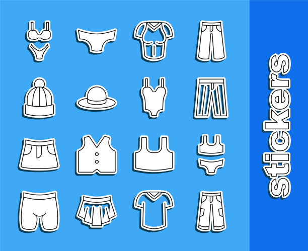 设置线裤子，泳装，t恤，男子帽子，冬天，和图标。向量图片下载