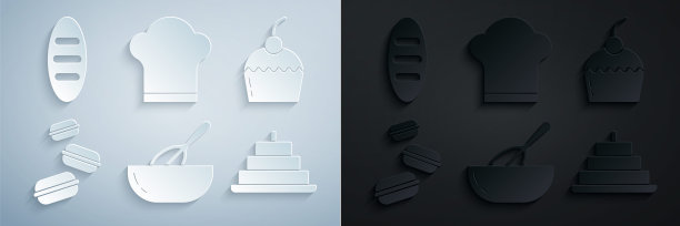 设置厨房搅拌器和碗，蛋糕，马卡龙饼干，燃烧蜡烛，厨师帽和面包面包图标。向量图片下载