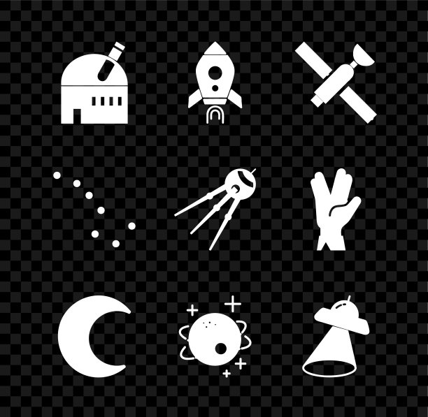 集天文台、火箭火船、卫星、月亮和星星、行星、UFO飞行飞船、大熊星座和图标于一体。向量图片下载