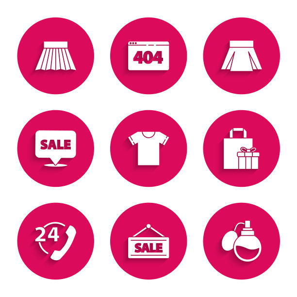 集t恤，悬挂标志与销售，香水，礼盒，电话24小时支持，裙子和图标。向量图片下载