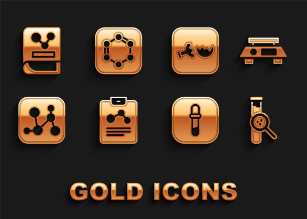 设置化学报表、电子秤、试管和烧瓶、吸管、化学配方、破碎、书和苯环配方图标。向量图片下载