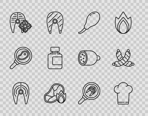 设置线鱼排，厨师帽，鸡腿，烤肉和火焰，新鲜冷冻鱼，酱瓶，在煎锅和交叉香肠图标。向量图片下载