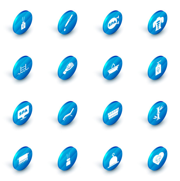 集吸液器，水疗沙龙，按摩石疗，带梯子的游泳池，莲花，精油瓶和香薰蜡烛图标。向量图片下载