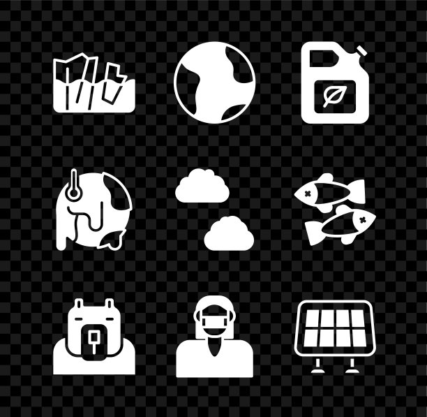 集冰川融化，地球地球仪，生物燃料罐，北极熊头，面罩，太阳能电池板，全球变暖和云图标。向量图片下载