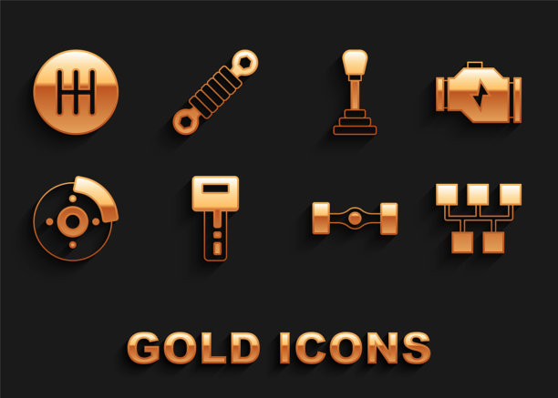 用遥控器设置汽车钥匙，检查发动机，变速杆，汽车底盘，制动盘卡钳和减震器图标。向量图片下载