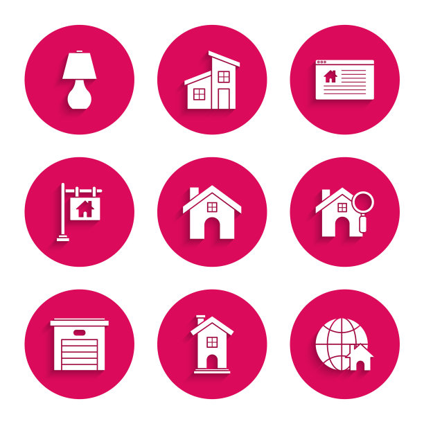 设置房子，家庭符号，地球仪与房子，搜索，车库，悬挂标志文本销售，在线和台灯图标。向量图片下载