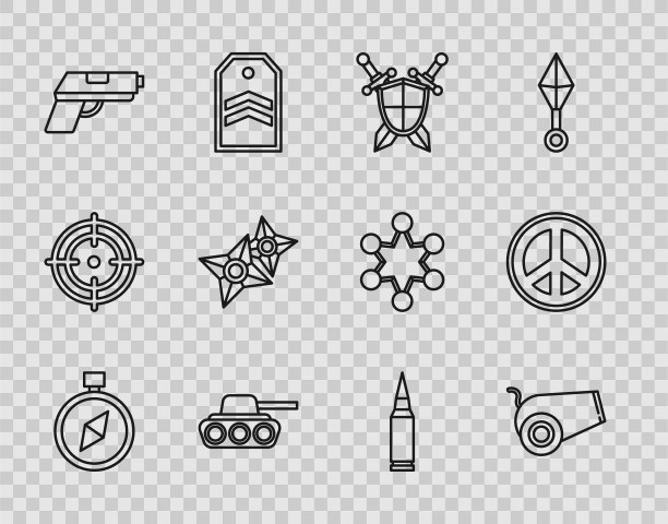 设置线指南针，大炮，中世纪盾牌与交叉剑，军事坦克，手枪枪，日本忍者飞镖，子弹和和平图标。向量图片下载