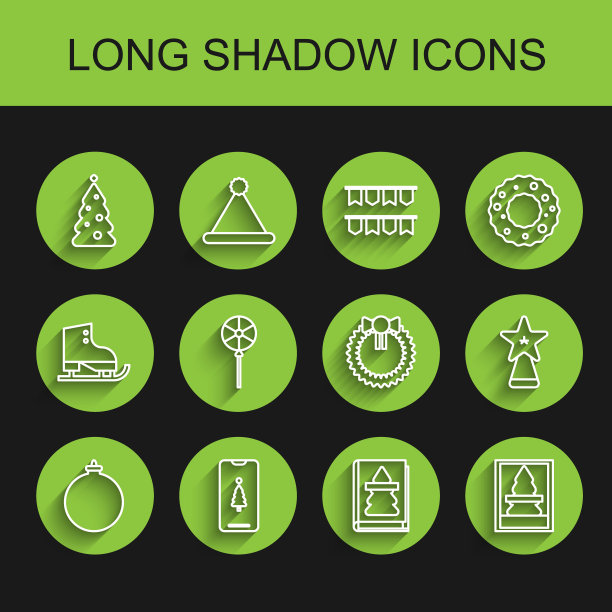 设置线圣诞球，智能手机与礼盒，圣诞树装饰，书，明信片，棒棒糖，星星和花环图标。向量图片下载