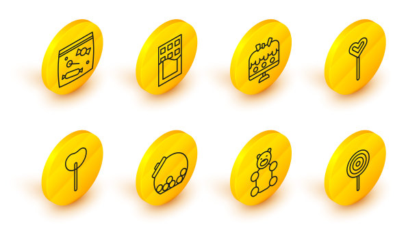 设置线棒棒糖，果冻熊糖果，玻璃罐里面的糖果，蛋糕在盘子，巧克力棒和糖果包装图标。向量图片下载