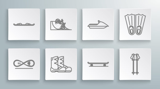 设置线滑板技巧，在街道坡道上的自行车，靴子，滑雪杆，水上摩托车，游泳和滑雪板图标橡胶脚蹼。向量图片下载