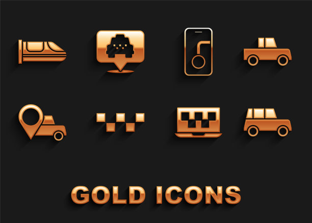 设置出租车车顶，汽车，笔记本电脑呼叫出租车服务，位置与，城市地图导航，高速列车和图标。向量图片下载