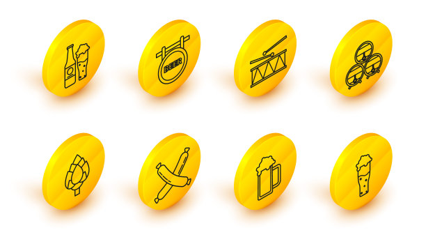 啤酒杯，交叉香肠，啤酒花，木桶，木棒，乐器鼓和鼓棒，街头招牌，啤酒瓶和玻璃图标。向量图片下载