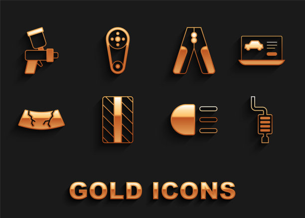 设置汽车轮胎轮、汽车诊断状态、消声器、远光灯、挡风玻璃破损、电池跳线、喷漆枪和同步带套件图标。向量图片下载