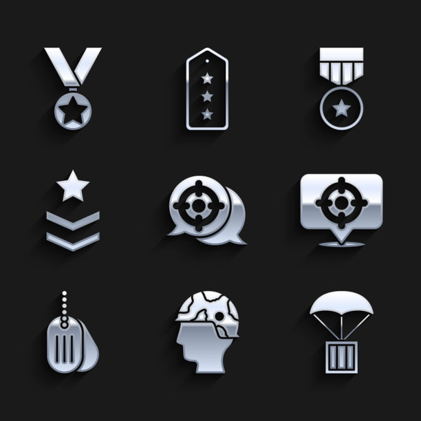 设置目标运动，陆军士兵，空投箱，军犬标签，军衔，奖励奖章和图标。向量图片下载