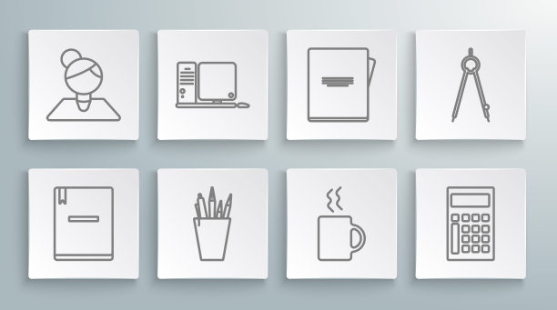 设置线笔记本，电脑显示器，键盘和鼠标，铅笔盒文具，咖啡杯，计算器，绘图指南针和教师图标。向量图片下载