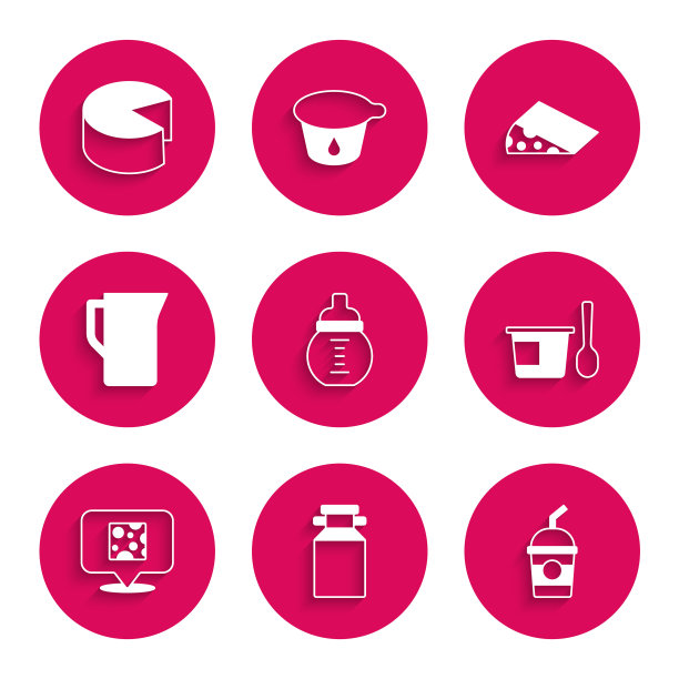 设置婴儿牛奶在一个瓶子，罐容器，奶昔，酸奶汤匙，奶酪，罐子罐子，和图标。向量图片下载