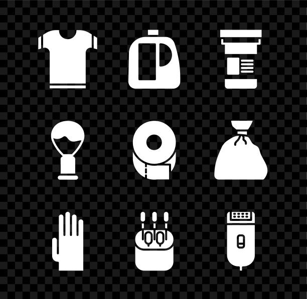 设置t恤，瓶子清洗剂，药瓶，橡胶手套，棉签耳朵，电动剃须刀，剃须刷和厕纸卷图标。向量图片下载