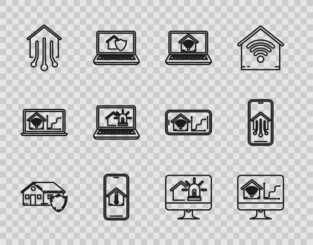 设置线屋保护，电脑显示器与智能家庭与wi-fi，笔记本电脑，手机屋温度，智能，报警，和图标。向量图片下载