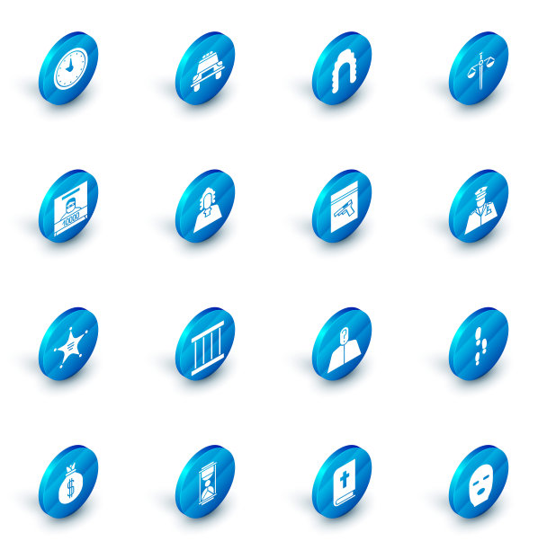 设置警车和闪光，法官假发，正义的天平，通缉海报，六角星治安官，警官和证据袋手枪或枪的图标。向量图片下载