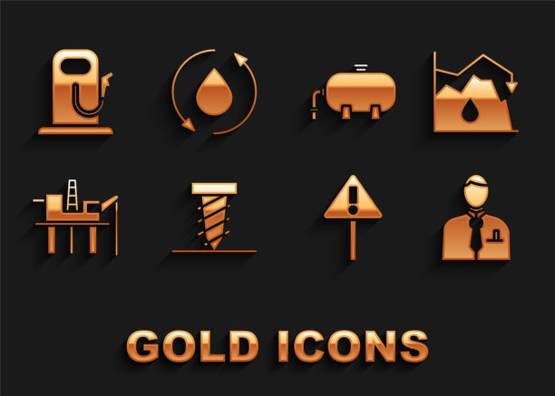 设置旋转钻挖洞，商人或股市交易员，惊叹号三角形，海上石油平台，工业厂房，加油站和下降图标。向量图片下载