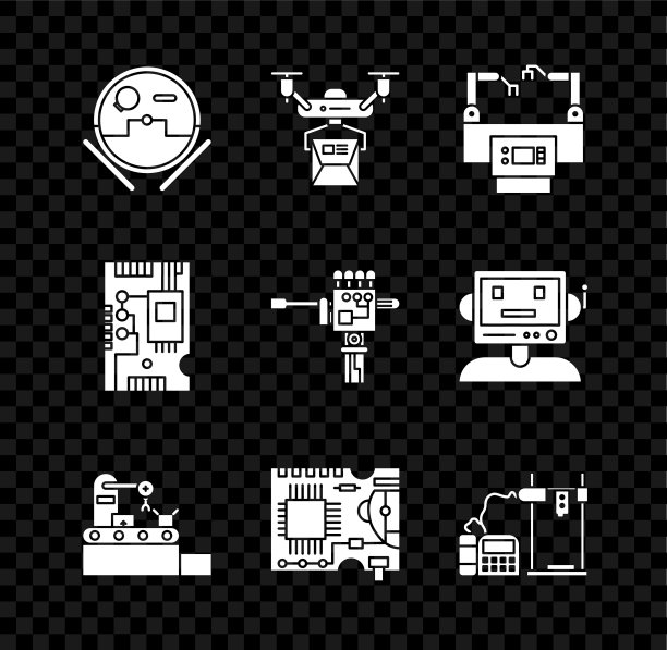 集机器人吸尘器、印刷线路板PCB、3D打印机、电子计算机部件主板数字芯片和机械机器人手和螺丝刀图标。向量图片下载