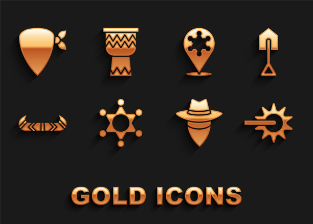 设置六芒星治安官，铲子，马刺，牛仔，皮艇或独木舟和划桨，手帕和鼓图标。向量图片下载