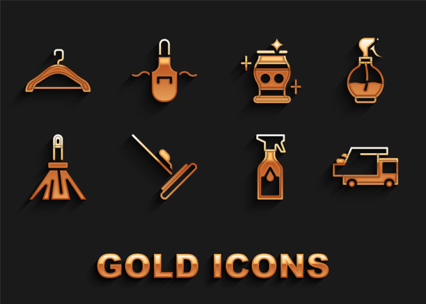 设置拖把，水喷瓶，垃圾车，清洁，处理扫帚，花瓶，衣架衣柜和厨房围裙图标。向量图片下载