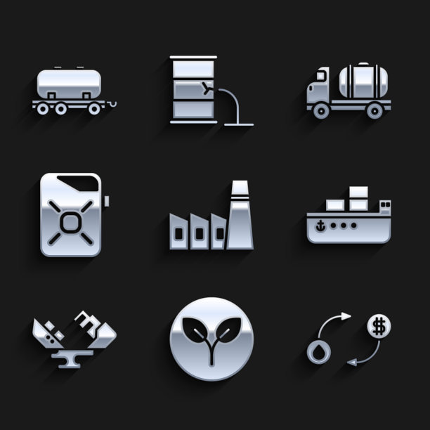 集石油工业厂房、生物燃料、交换器、油船、废油、汽缸、油罐车、铁路油罐图标。向量图片下载