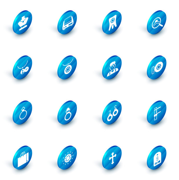 设置电子珠宝秤，牙齿钻石，钻石订婚戒指，吊坠项链，吊坠，珠宝店和珠宝商的图标。向量图片下载