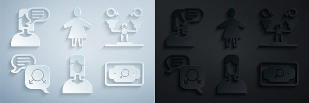 设置女性，性别平等，金钱增长的女性，和意见图标。向量图片下载